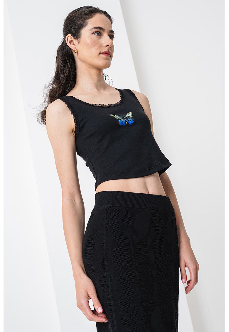 HUGO Top crop cu imprimeu Delarina - Negru