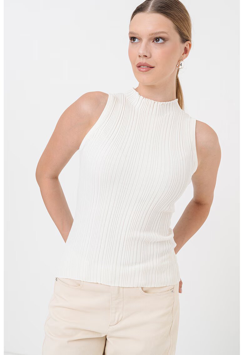 HUGO Top elastic din tricot cu guler scurt - Crem