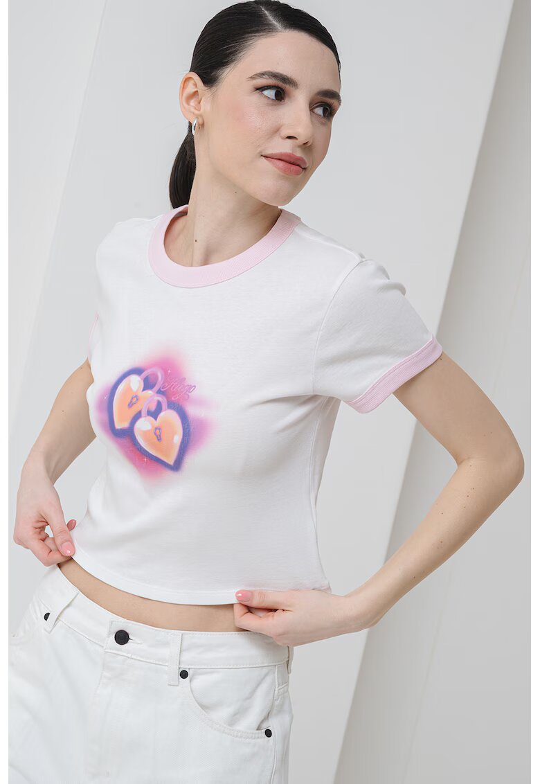 HUGO Tricou crop cu imprimeu cu inimi - Alb/Galben pal/Albastru