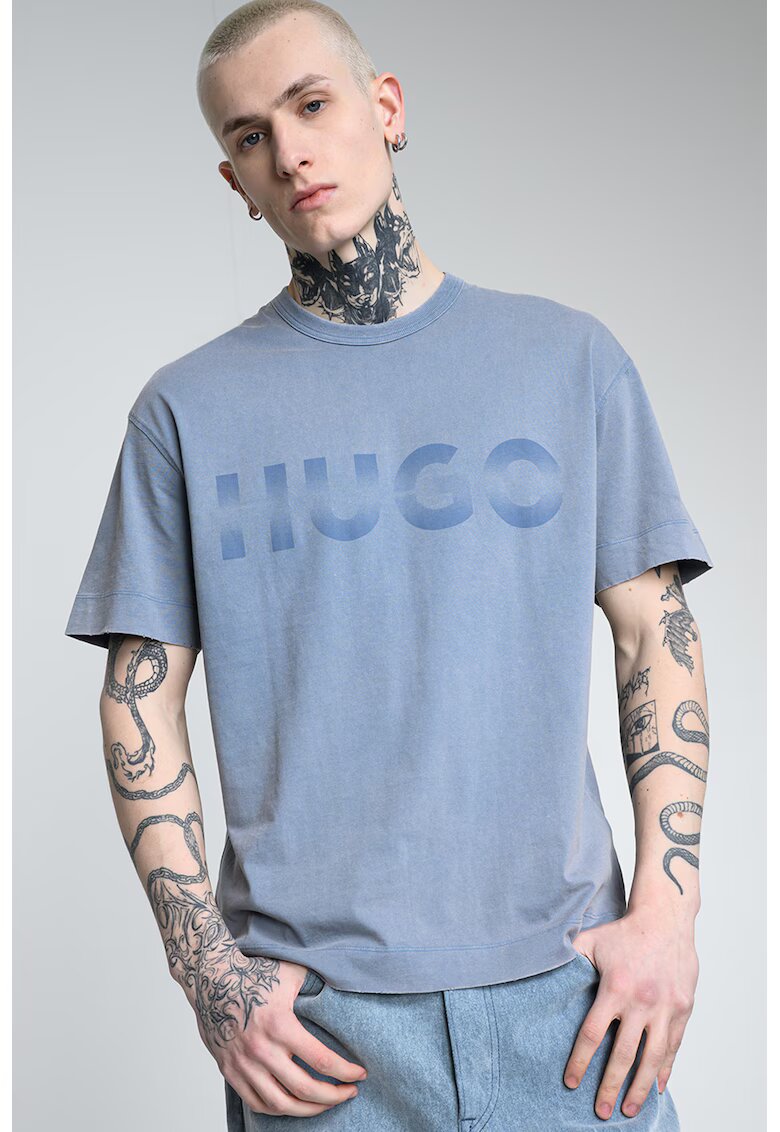 HUGO Tricou cu decolteu la baza gatului si imprimeu logo - Albastru inchis