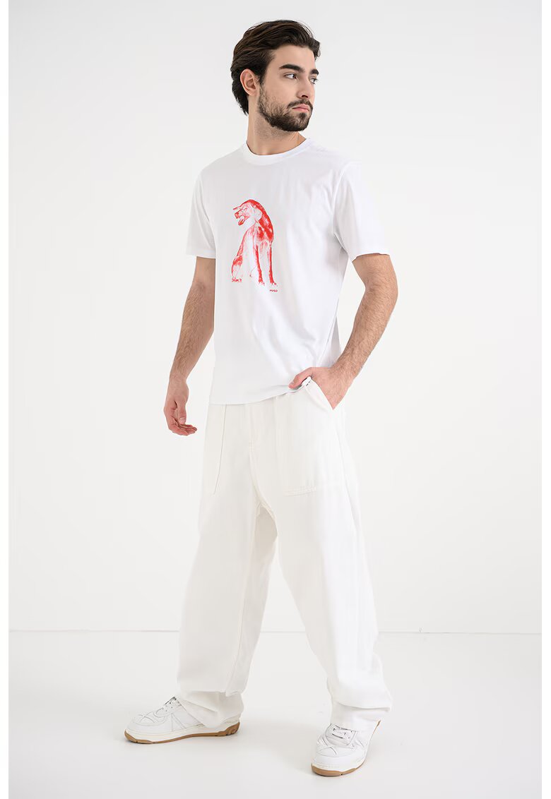 HUGO Tricou cu decolteu la baza gatului si imprimeu - Rosu/Alb