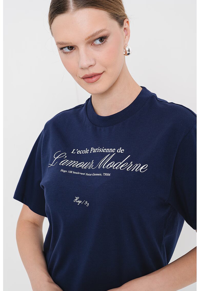 HUGO Tricou cu decolteu la baza gatului si text - Albastru inchis