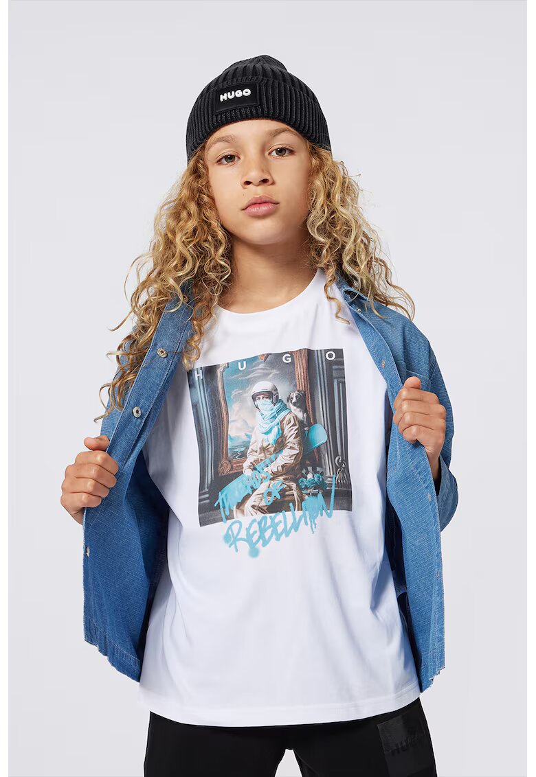 HUGO Tricou cu imprimeu foto - Alb/Albastru deschis/Gri antracit