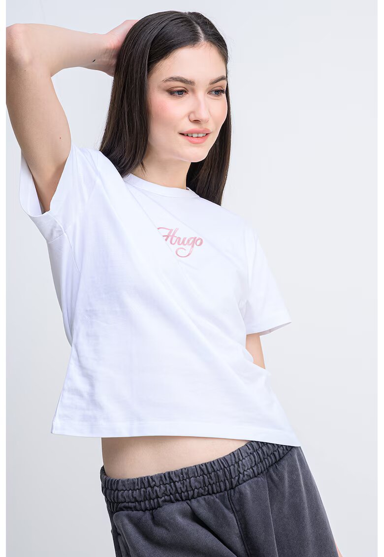 HUGO Tricou din bumbac cu logo pe piept Destrel - Alb optic/Roz