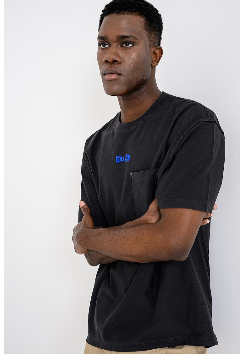 HUGO Tricou lejer cu buzunar pe piept - Gri antracit