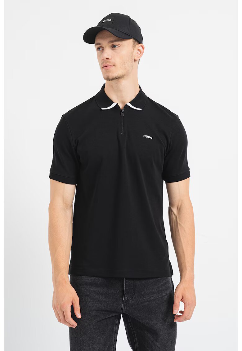 HUGO Tricou polo cu fenta cu fermoar Dalomino - Negru