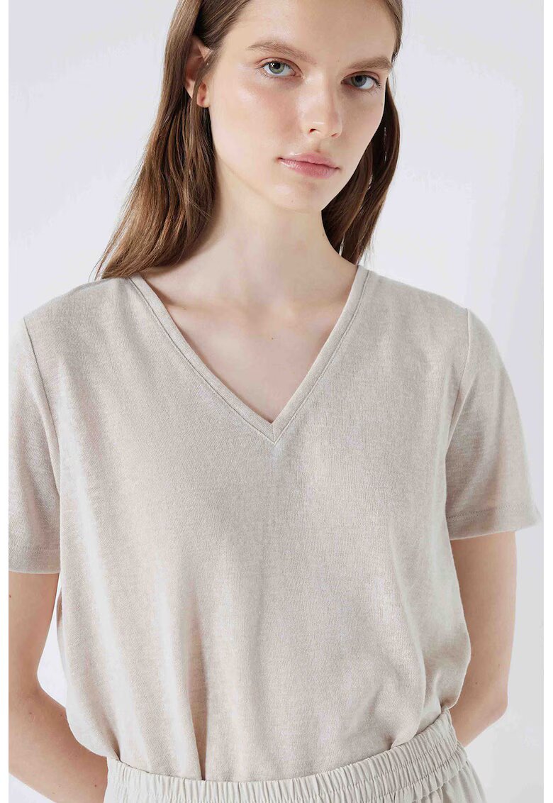 Ipekyol Tricou cu model uni si decolteu in V - Maro nisip