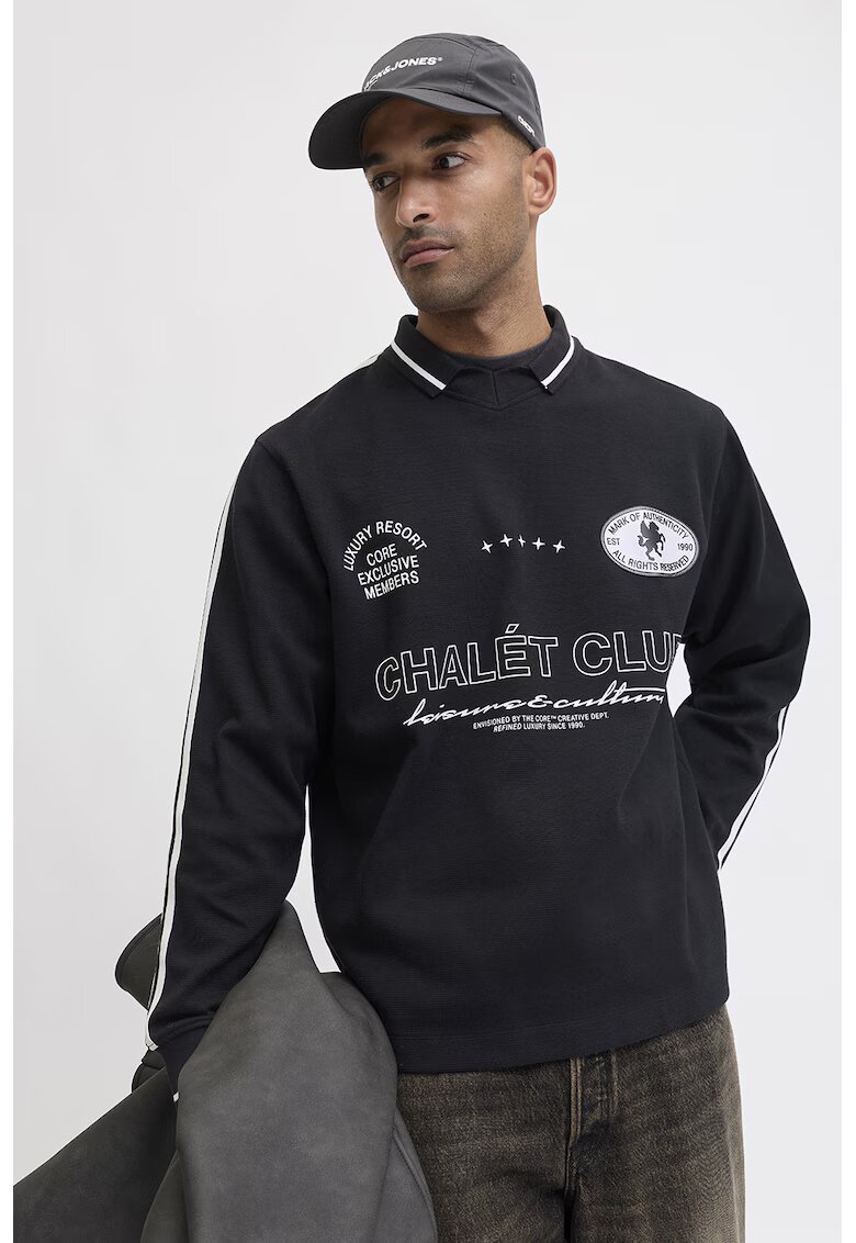 Jack & Jones Bluza de trening polo din amestec de bumbac cu imprimeu text - Negru