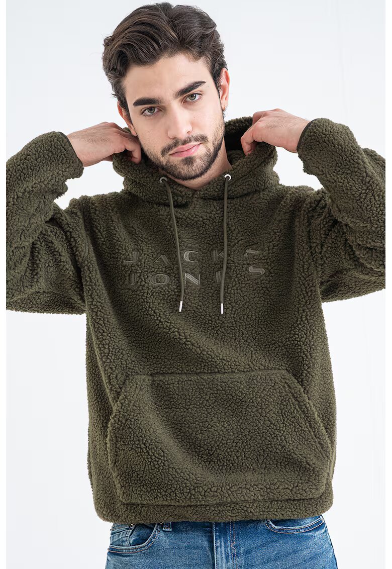 Jack & Jones Hanorac din material teddy cu logo - Kaki inchis