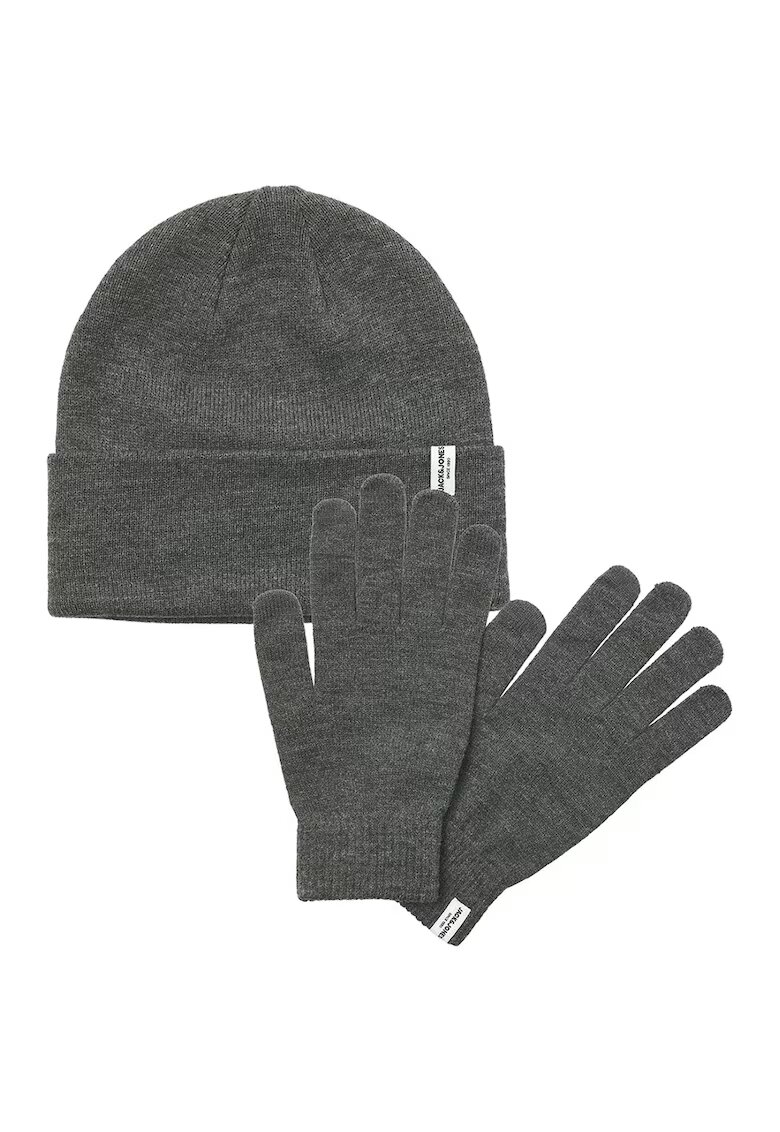 Jack & Jones Set de caciula si manusi - 3 piese - Gri inchis melange