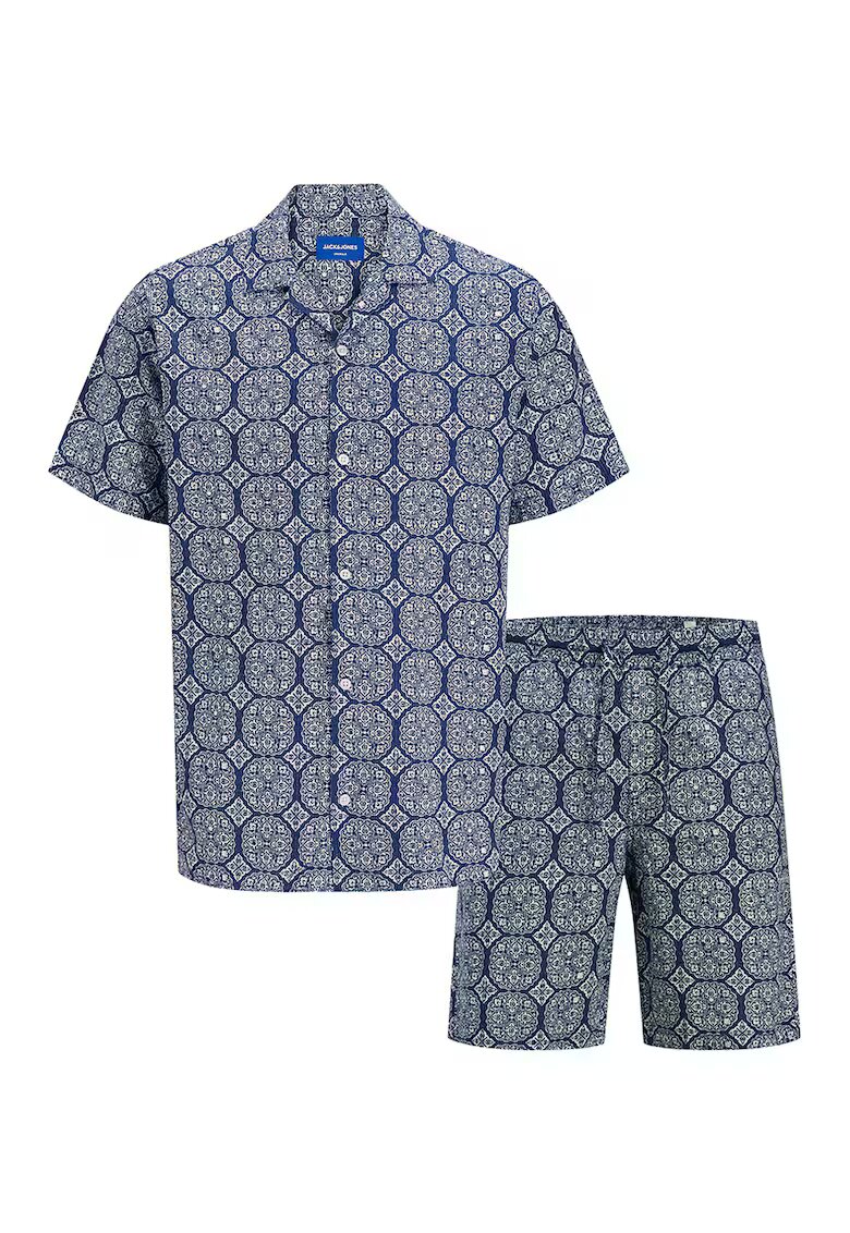 Jack & Jones Set de camasa polo si pantaloni scurti cu model - 2 piese - Albastru inchis/Alb murdar