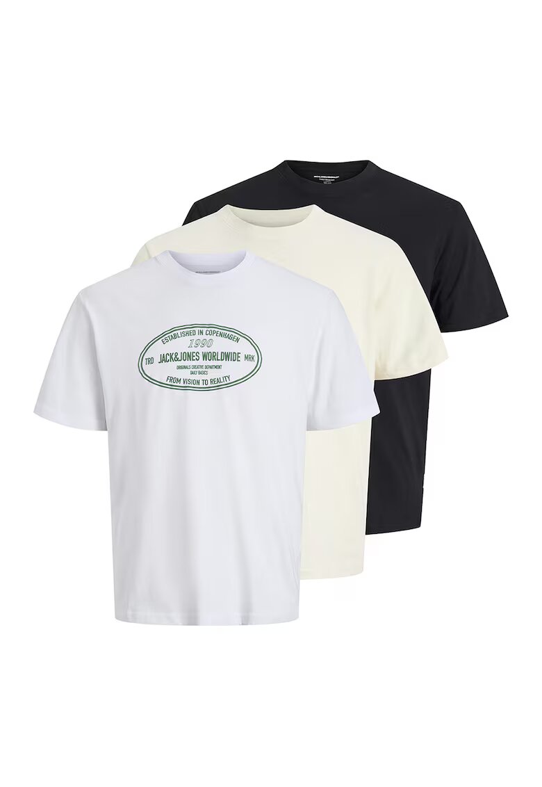 Jack & Jones Set de tricouri cu decolteu la baza gatului si imprimeu logo - 3 piese - Negru/Alb optic/Crem