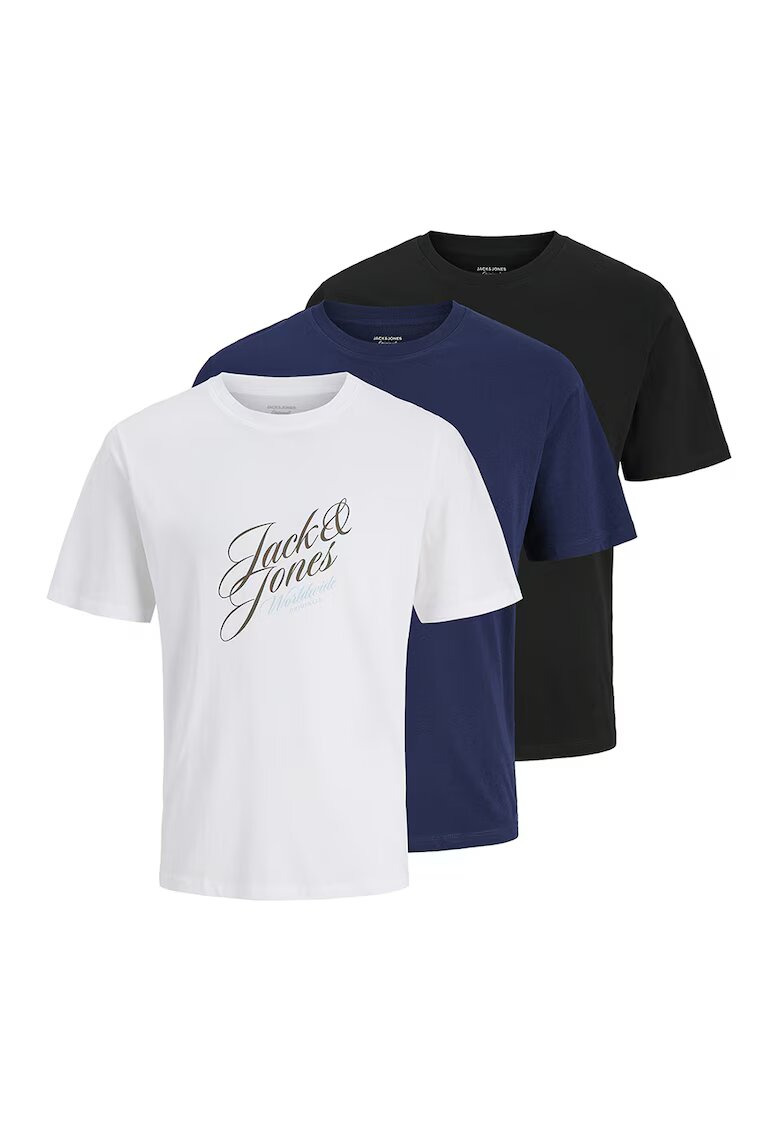 Jack & Jones Set de tricouri cu decolteu la baza gatului si logo - 3 piese - Alb/Negru/Bleumarin