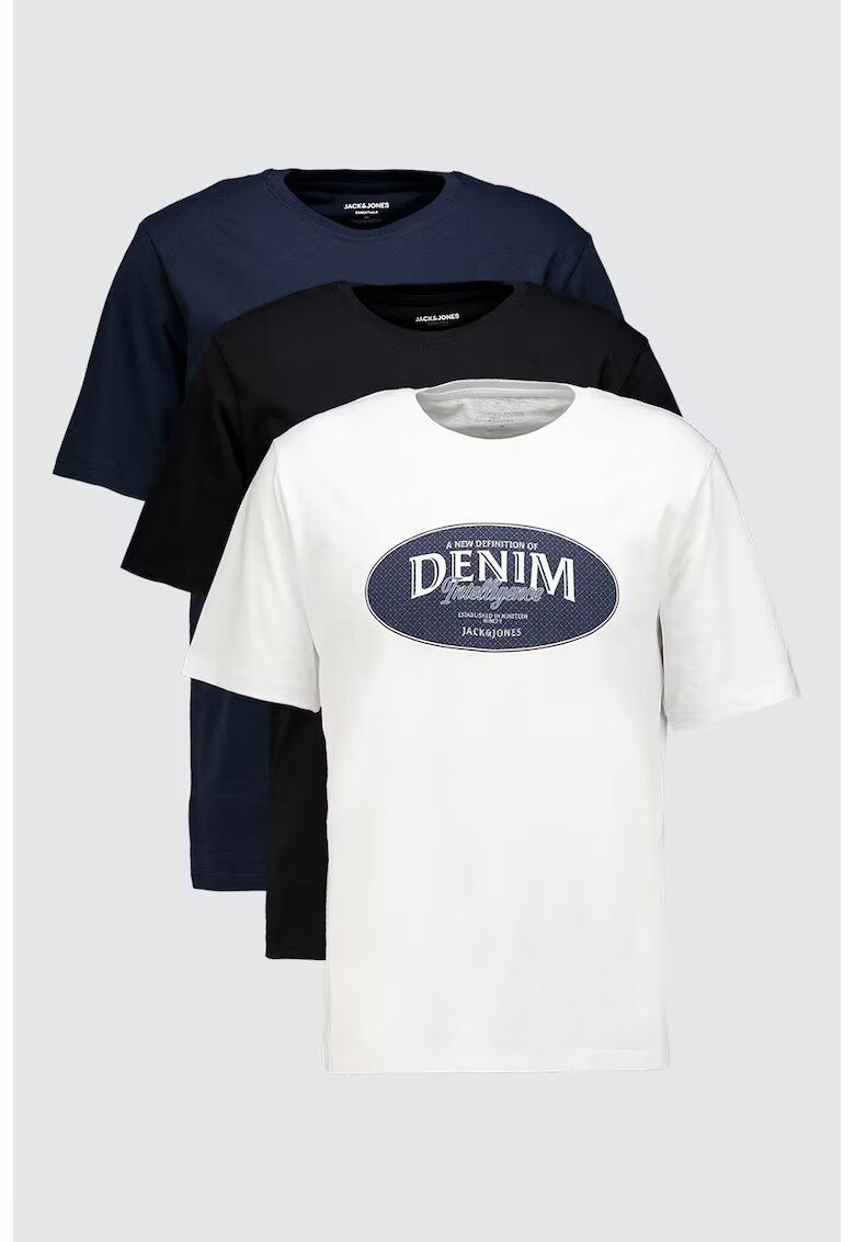 Jack & Jones Set de tricouri din bumbac organic cu imprimeu - 3 piese - Negru stins/Alb optic/Bleumarin