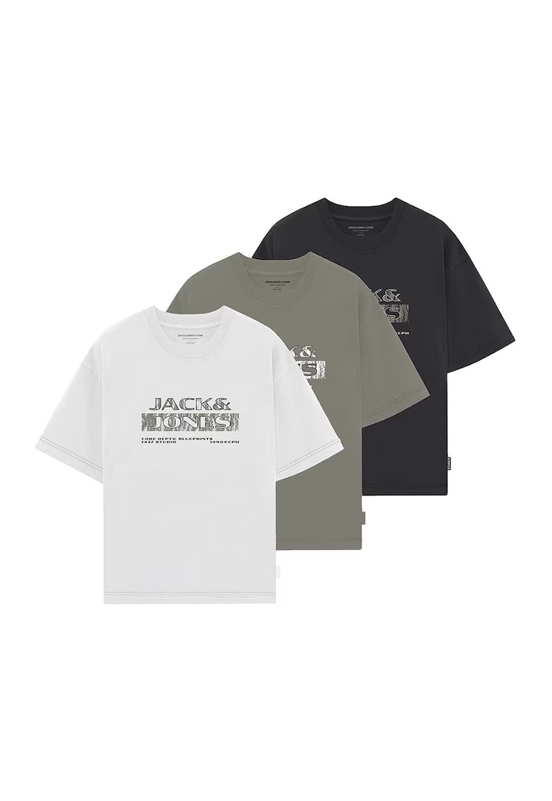 Jack & Jones Set de tricouri regular fit cu imprimeu text - 3 piese - Alb/Negru/Kaki