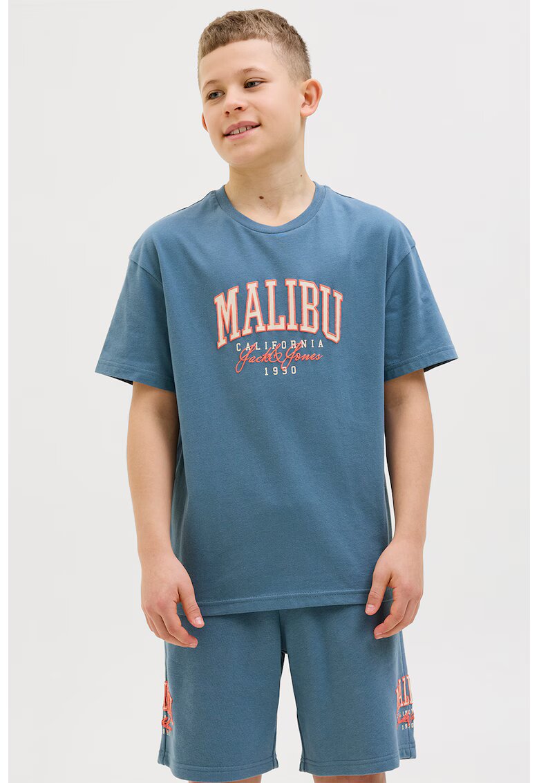 Jack & Jones Tricou cu decolteu la baza gatului - imprimeu text si logo - Albastru prafuit