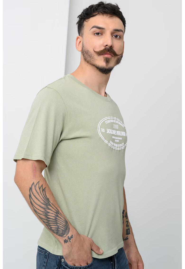 Jack & Jones Tricou cu imprimeu frontal si decolteu la baza gatului York - Alb/Verde deschis