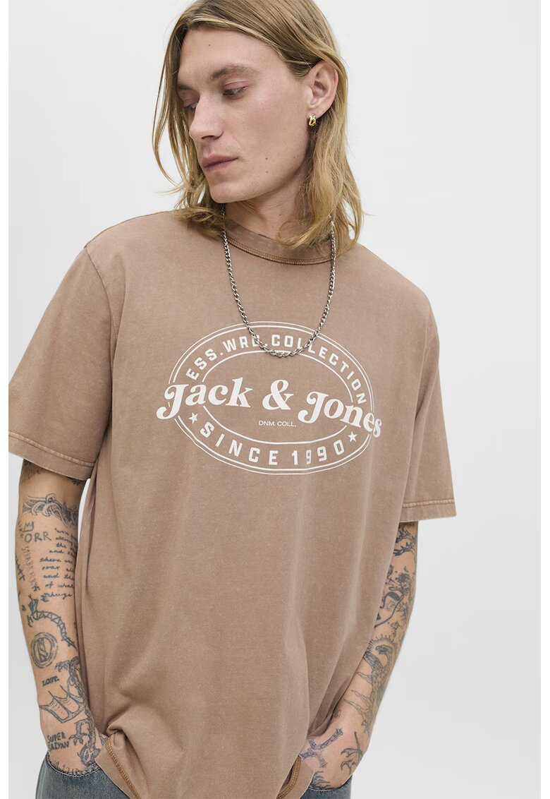 Jack & Jones Tricou cu imprimeu si maneci cazute - Alb/Maro taupe
