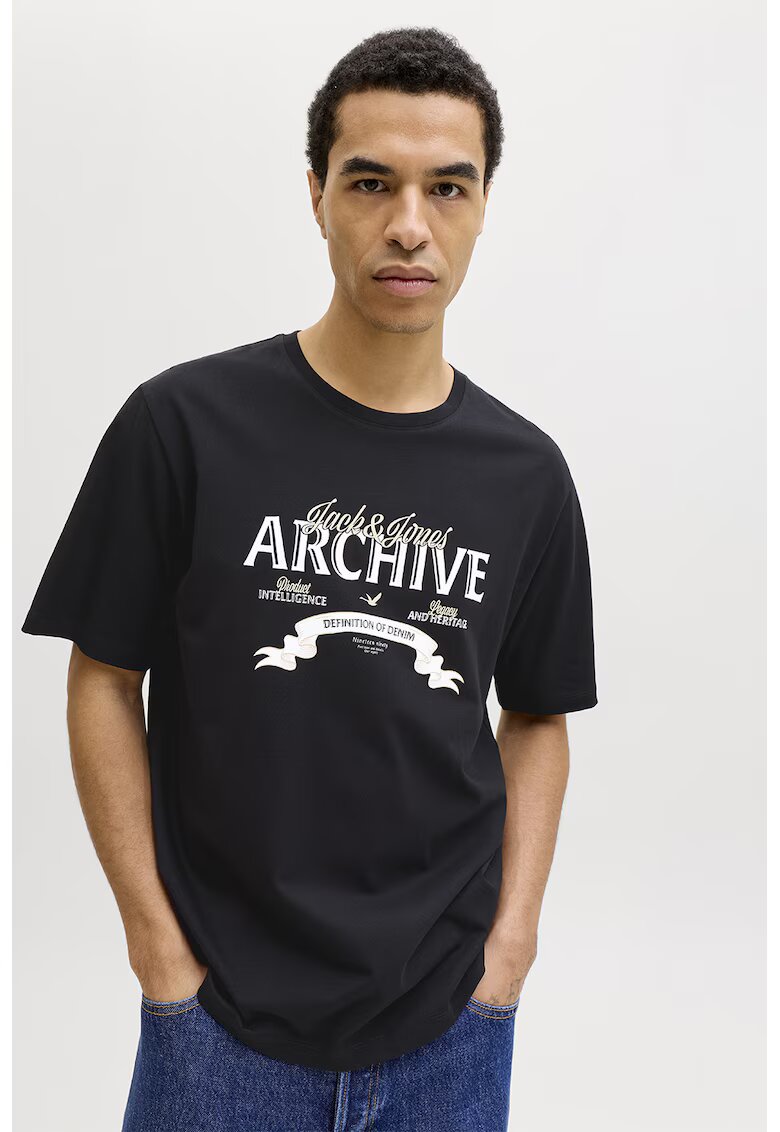 Jack & Jones Tricou din bumbac organic cu decolteu la baza gatului - Gri antracit