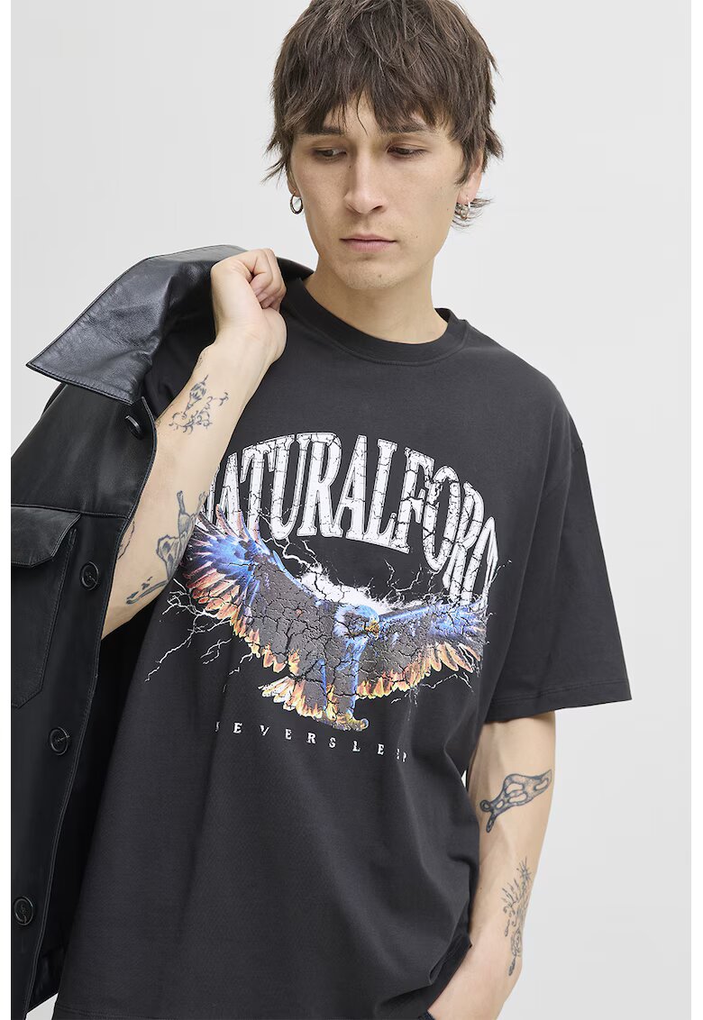 Jack & Jones Tricou lejer de bumbac cu imprimeu grafic si text - Negru stins/Portocaliu pal/Alb optic