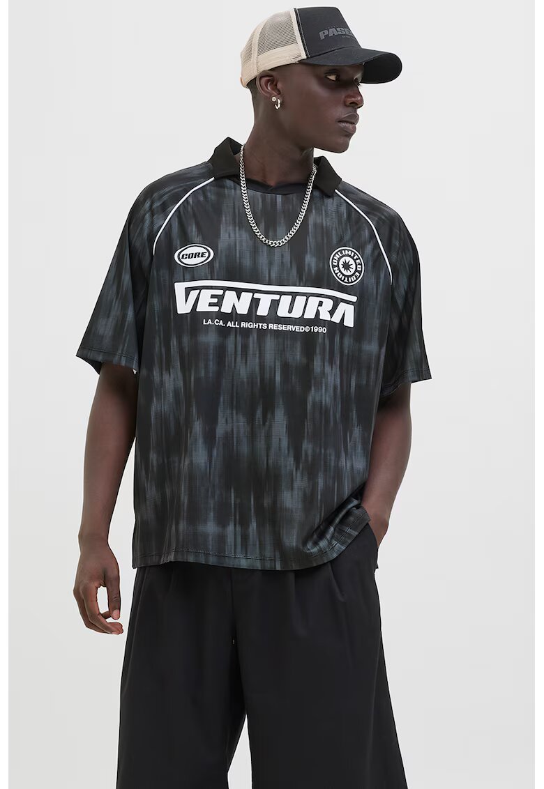 Jack & Jones Tricou polo cu imprimeu text - Alb/Negru/Gri antracit