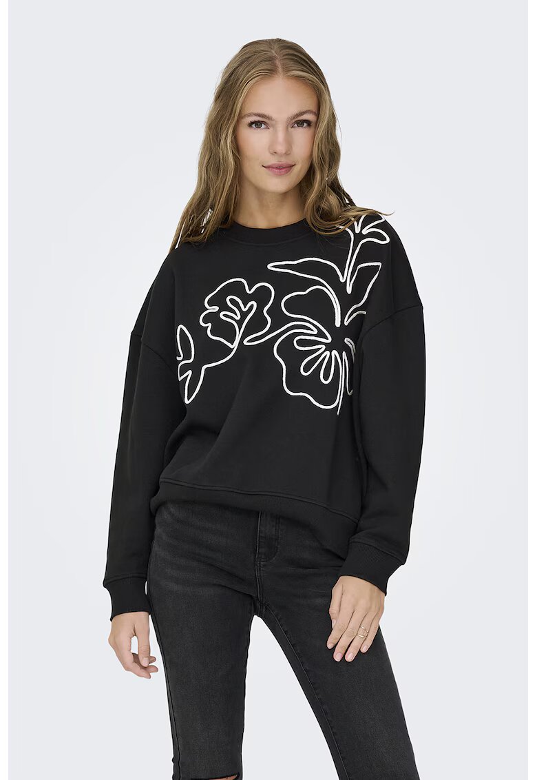 JDY Bluza de trening cu broderie florala - Alb/Negru