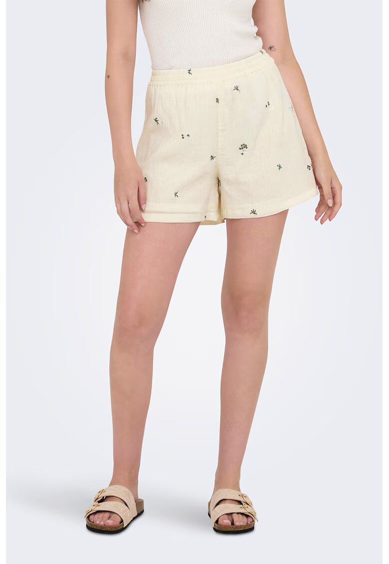 JDY Pantaloni scurti de bumbac cu model floral - Verde feriga/Crem