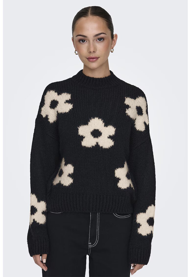 JDY Pulover cu maneci cazute si model floral - Alb fildes/Negru