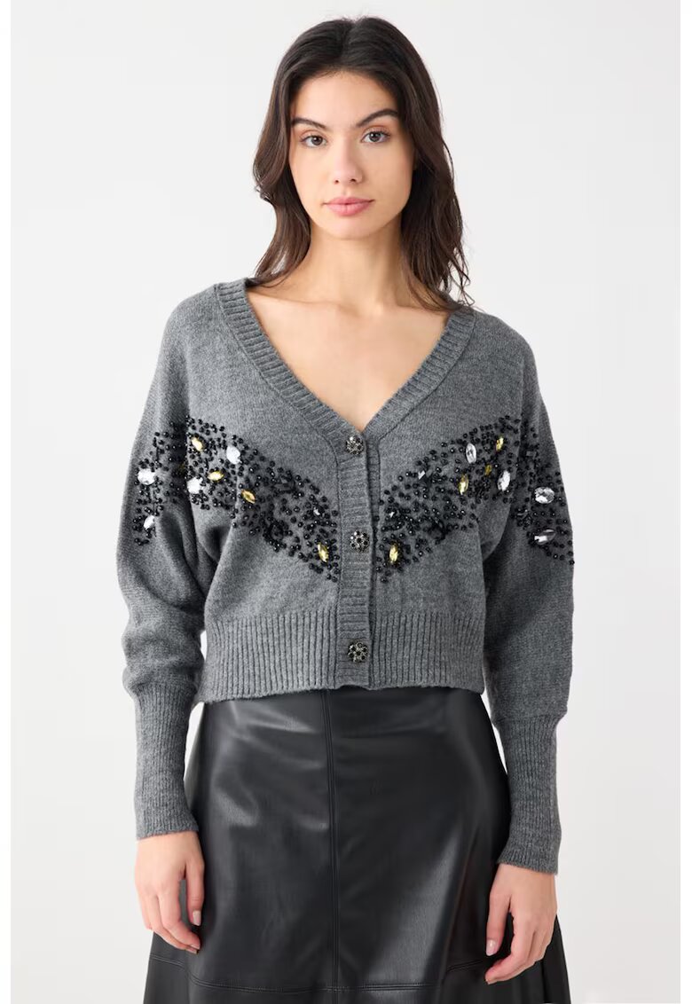 JIMMY KEY Cardigan cu margele si strasuri - Negru/Gri melange