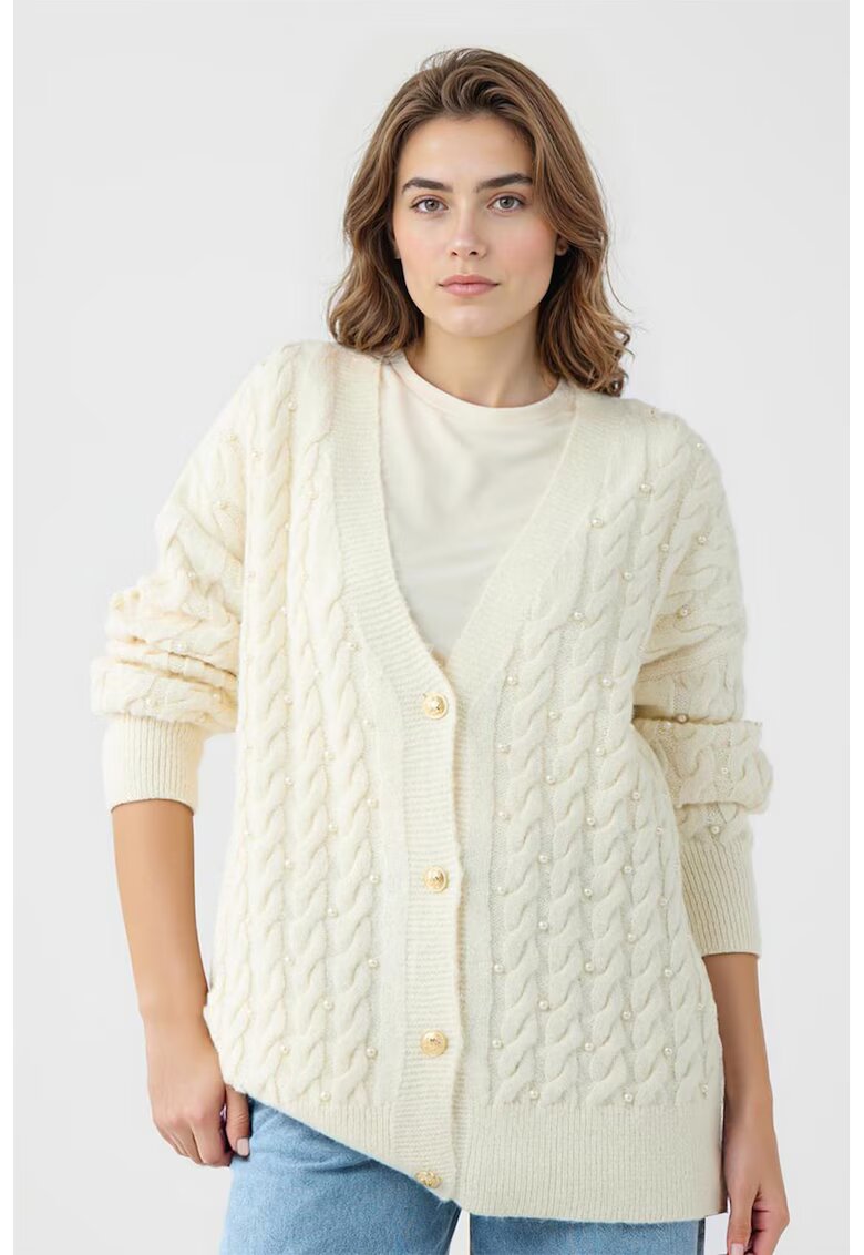 JIMMY KEY Cardigan supradimensionat cu model torsade si perle sintetice - Alb fildes