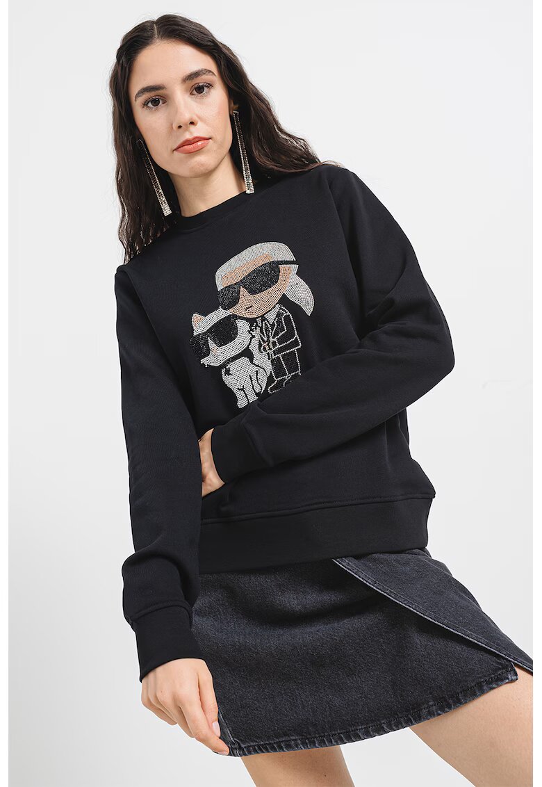 Karl Lagerfeld Bluza de trening de bumbac organic cu logo din strasuri - Negru/Argintiu