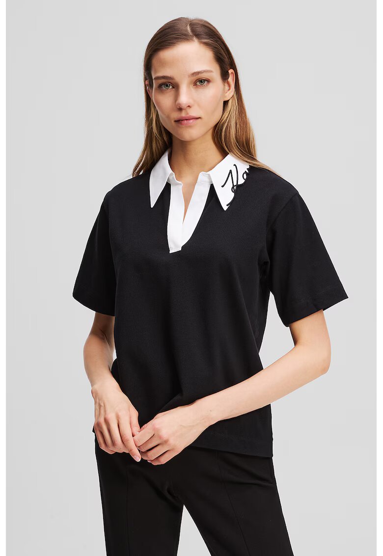 Karl Lagerfeld Tricou din bumbac organic cu guler contrastant - Negru