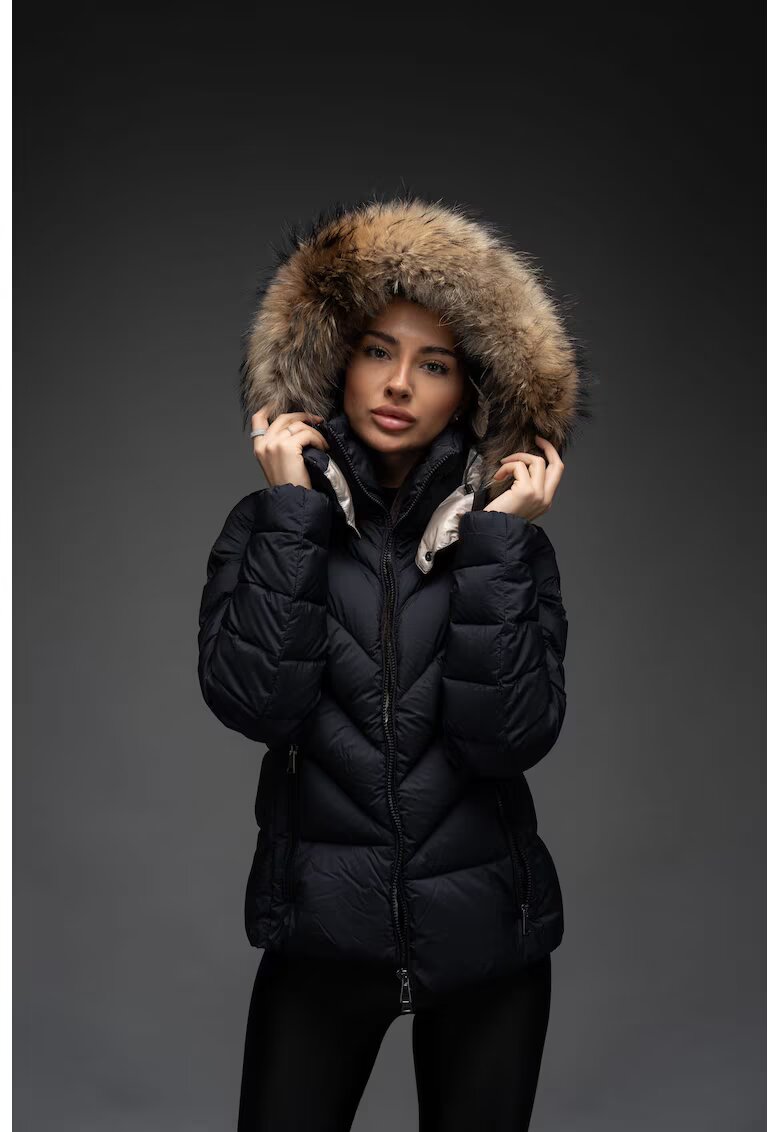 Katerini Geaca matlasata cu umplutura de puf gasca eleganta cambrata scurta cu gluga detasabila si blana - ELLERY - culoare Negru - marime L -