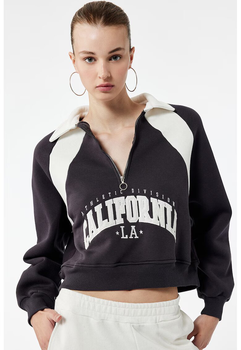 KOTON Bluza de trening crop cu fermoar scurt - Alb/Negru stins