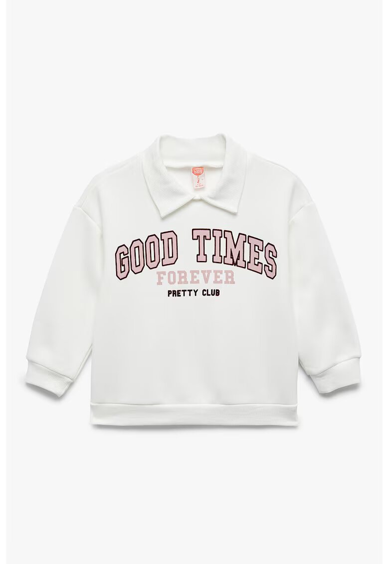 KOTON Bluza de trening cu imprimeu si guler polo - Alb fildes/Roz