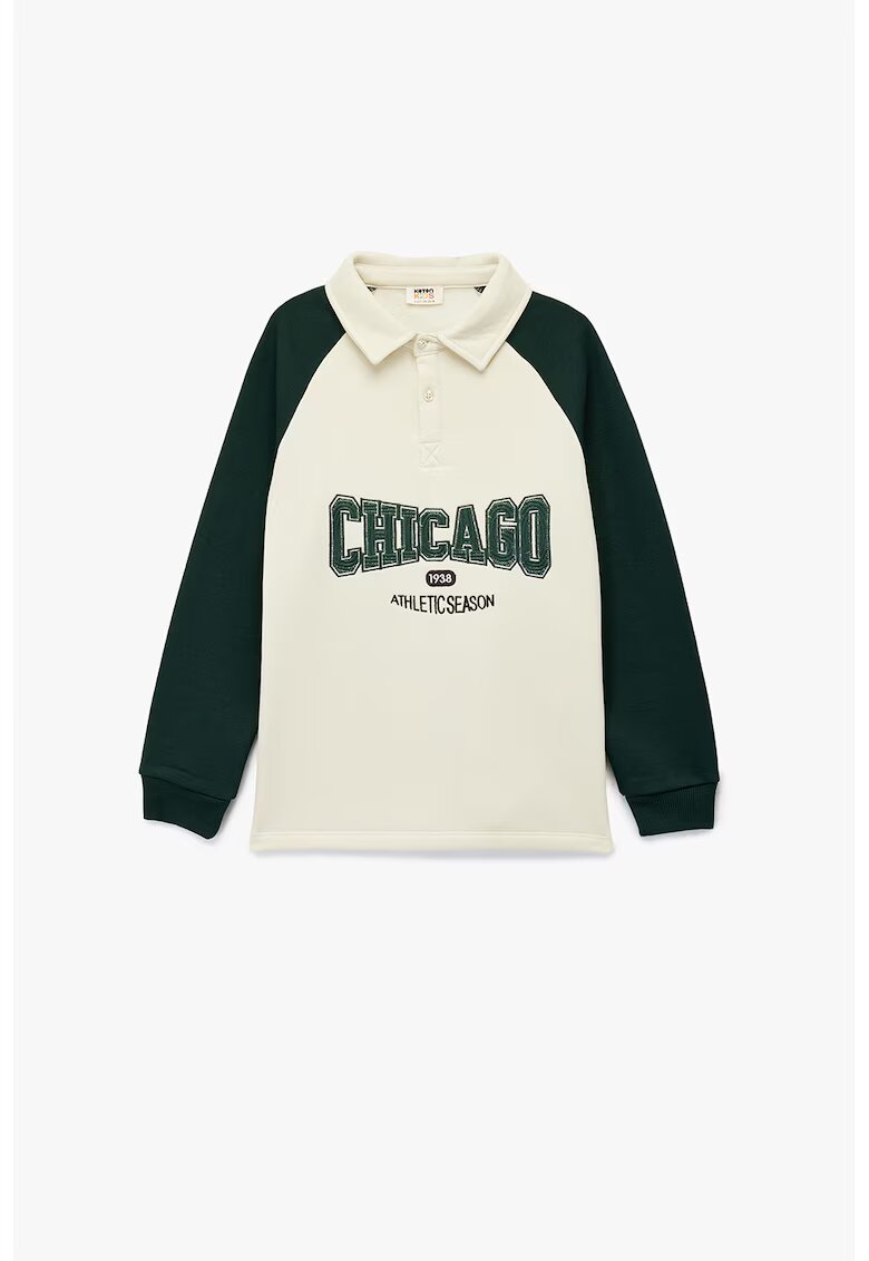 KOTON Bluza de trening cu nasturi si text brodat - Verde/Alb fildes
