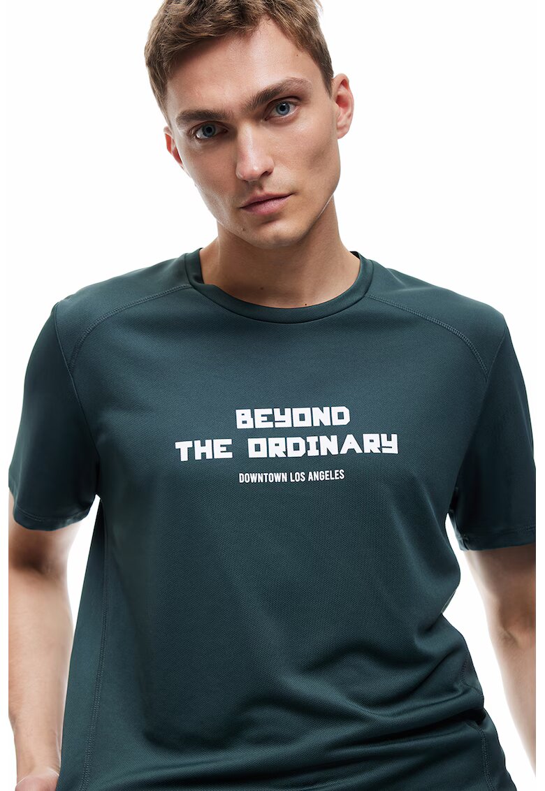 KOTON Tricou cu imprimeu text - Alb optic/Verde aquamarin