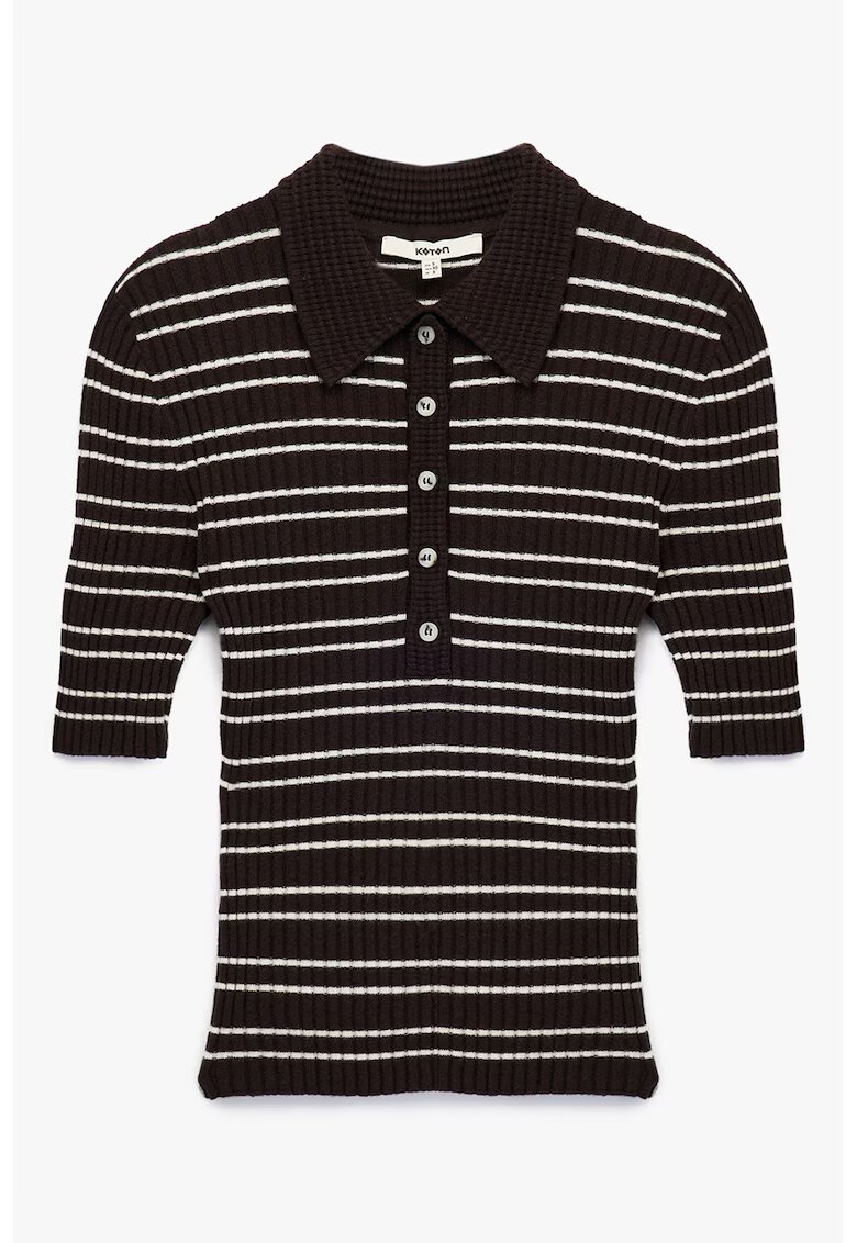 KOTON Tricou cu model in dungi si guler clasic - Alb/Maro inchis