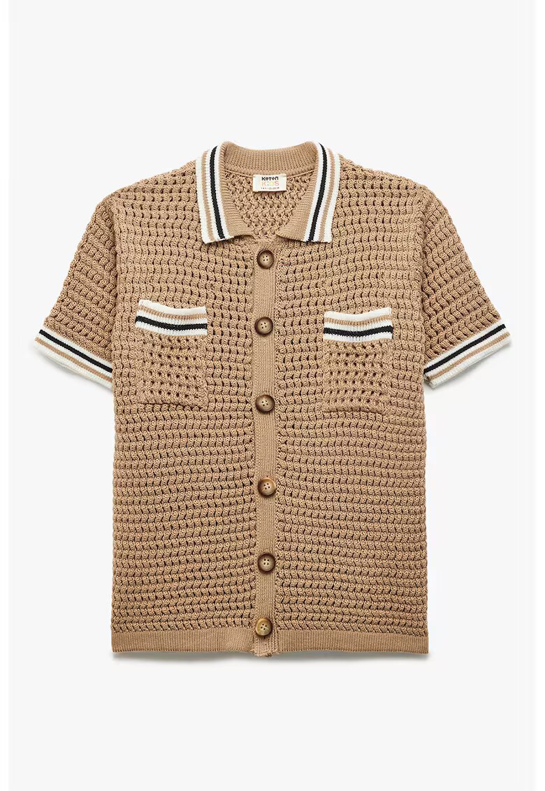 KOTON Tricou polo tricotat cu nasturi - Alb fildes/Negru/Maro deschis