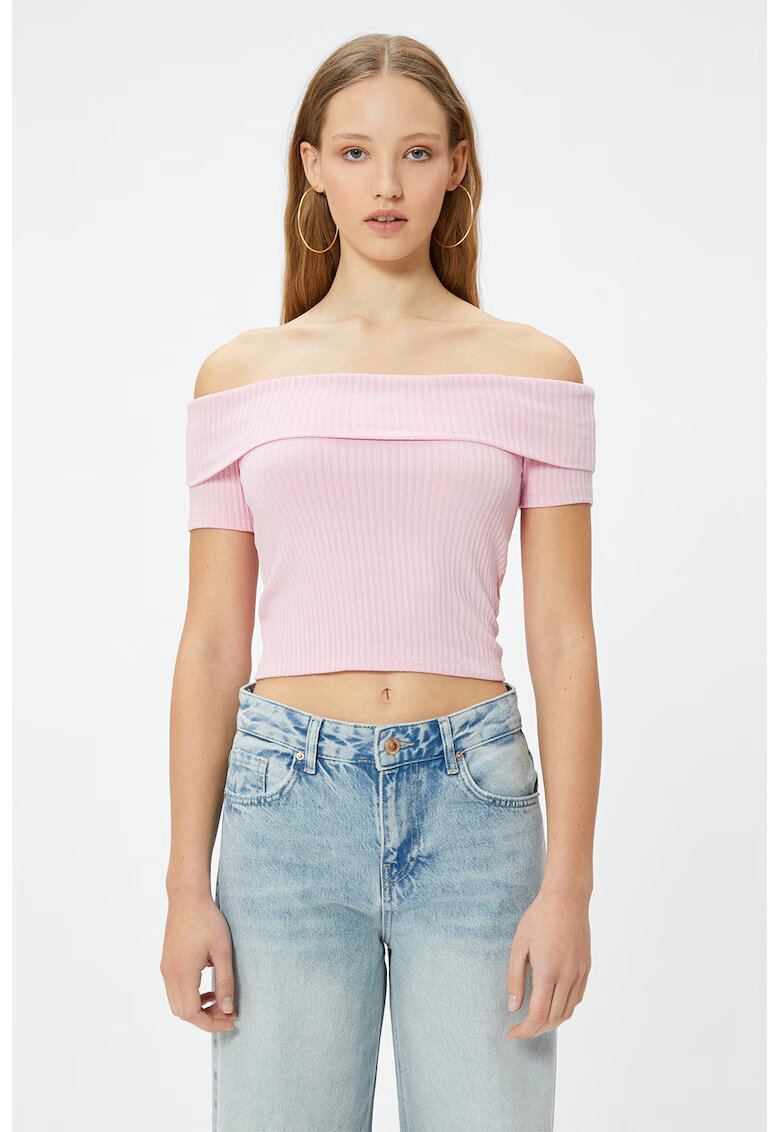 KOTON Tricou striat cu decolteu pe umeri - Roz pastel