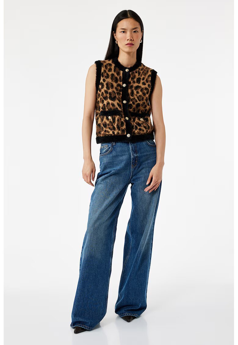 KOTON Vesta tricotata cu animal print - Negru/Maro