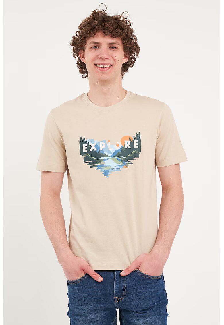 KVL by KENVELO Tricou cu decolteu la baza gatului si model grafic - Verde inchis/Maro nisip