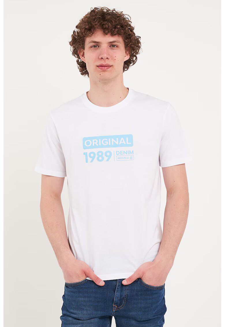 KVL by KENVELO Tricou din bumbac cu imprimeu text - Alb/Albastru glaciar