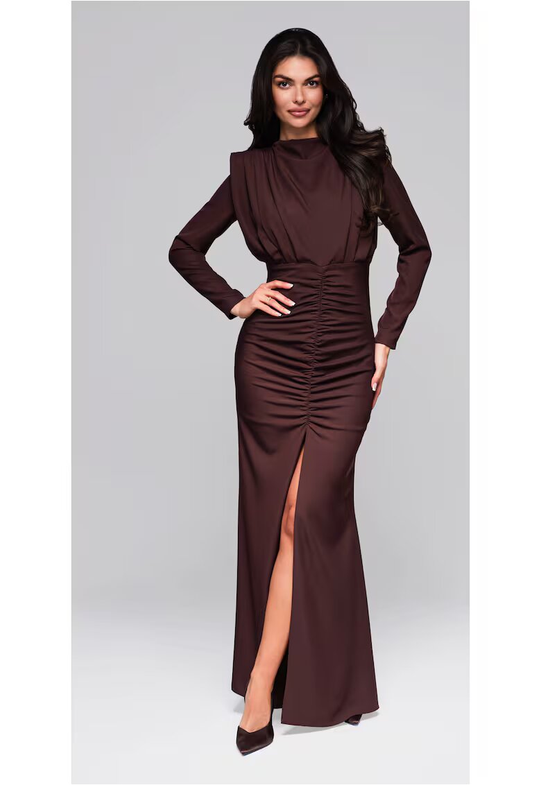 Larica Rochie eleganta lunga cu maneci lungi si drapaj frontal LA-OM-DLR024 - Maro inchis