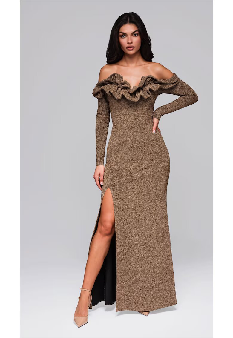 Larica Rochie lunga eleganta cu umerii goi si volan amplu LA-OM-DLR002 - Auriu