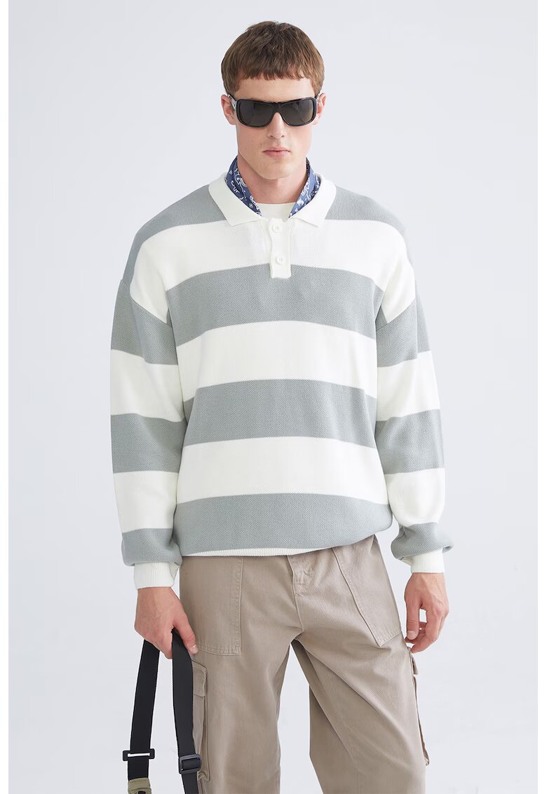 LC WAIKIKI Pulover polo cu model in dungi - Alb/Gri cenusiu