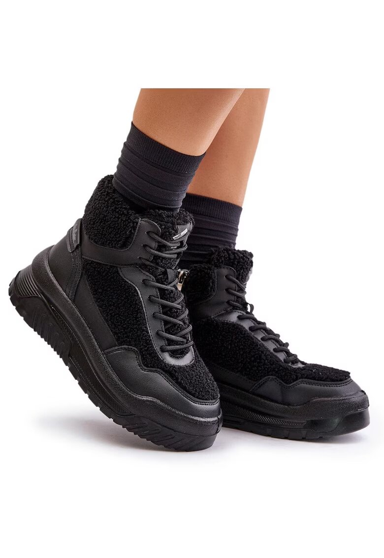 Lee Cooper Tenisi dama - Lee Cooper - cu platforma - blana de oaie - negru - piele ecologica/textil
