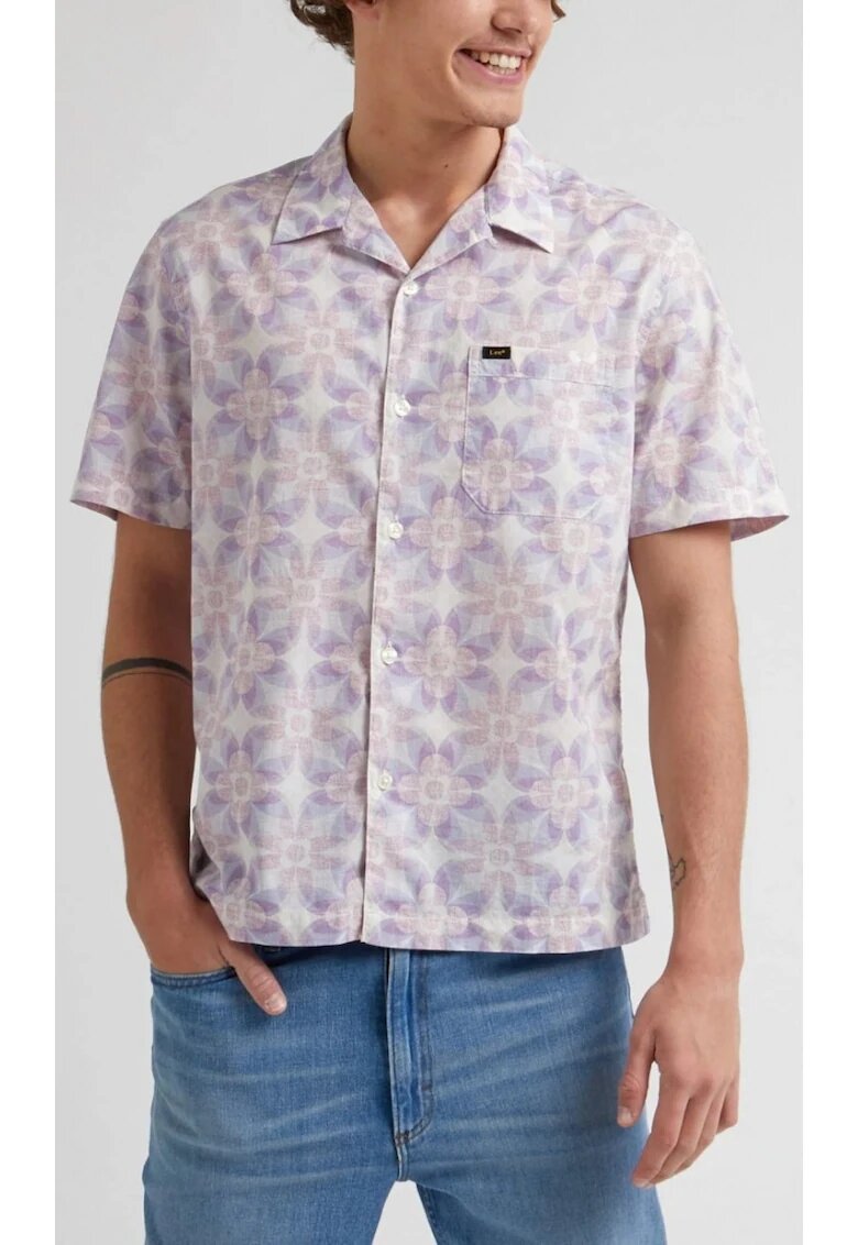 Lee Camasa Resort Relaxed Fit - bumbac - model floral geometric alb-violet - gri - maneca scurta -