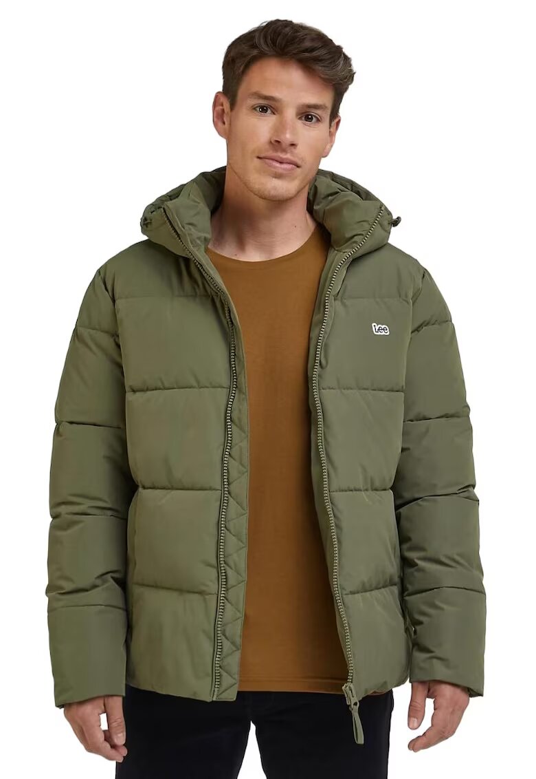 Lee Jacheta puffer verde masliniu - poliester - cu gluga - doua buzunare cu fermoar -