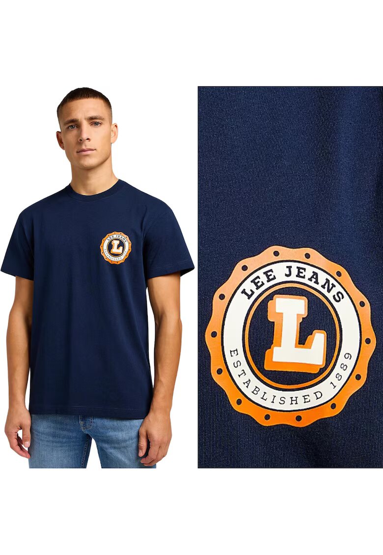 Lee Tricou Varsity Relaxed - bumbac - bleumarin cu imprimeu logo portocaliu si alb -